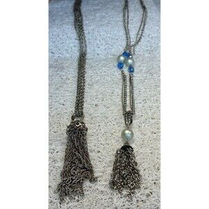 Vintage Lot~2 Silver Tone, Double Chain Necklaces w/Multi Chain Tassel Pendants